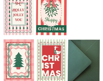 Vintage Christmas Cards Set - 4 Unique Retro Holiday Designs
