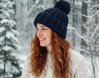 Navy Blue Oversized Beanie: Hand-knit Chunky Knit, Soft Acrylic - Winter Hat