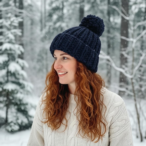 Navy Blue Oversized Beanie: Hand-knit Chunky Knit, Soft  display picture 3