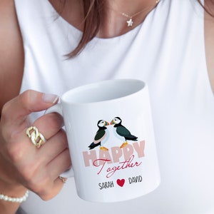 Personalised Puffin Mug Gift for him and for her, Engagement gift mug with Puffins Love Birds