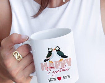 Personalised Puffin Mug Gift for him and for her, Engagement gift mug with Puffins Love Birds