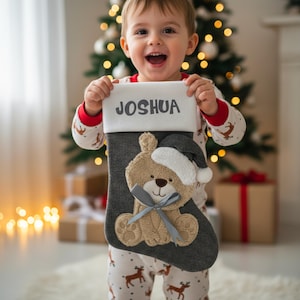 Personalized Plush Teddy Christmas Stocking | Knitted Grey