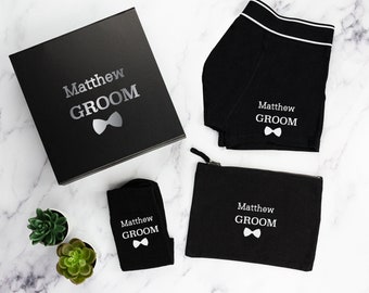 Groom Gift Box Personalised Filled with Groom Underwear, Groom Socks, Wash Bag - Personalized Wedding Morning Gift