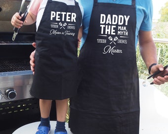 Personalised Gifts for Dad Grilling Apron, Father and Son, Daughter BBQ Cooking Apron Set, Fathers Day Garden Gift for Dad Uncle