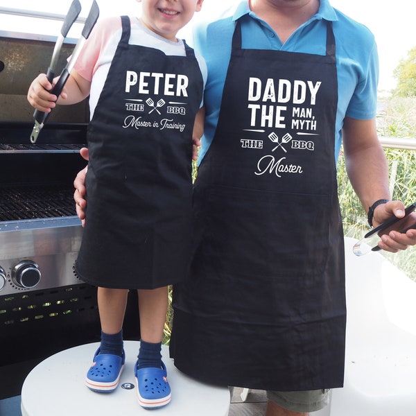 Personalised Gifts for Dad Grilling Apron, Father and Son, Daughter BBQ Cooking Apron Set, Fathers Day Garden Gift for Dad Uncle