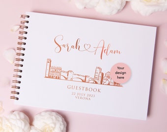 Personalisiertes Gästebuch mit Hochzeitslogo | Gästebuch Hochzeit mit Stadtsilhouette | Hotel Gästebuch