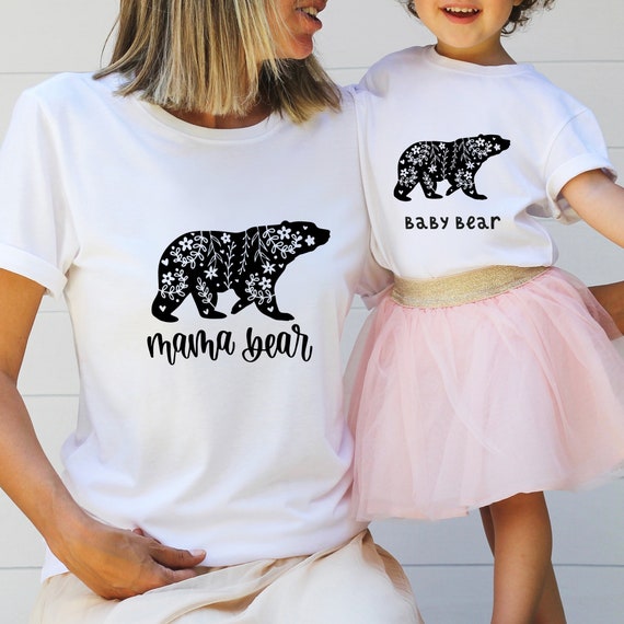 Mama Bear T-Shirts: Floral Matching Set - Mom and Child