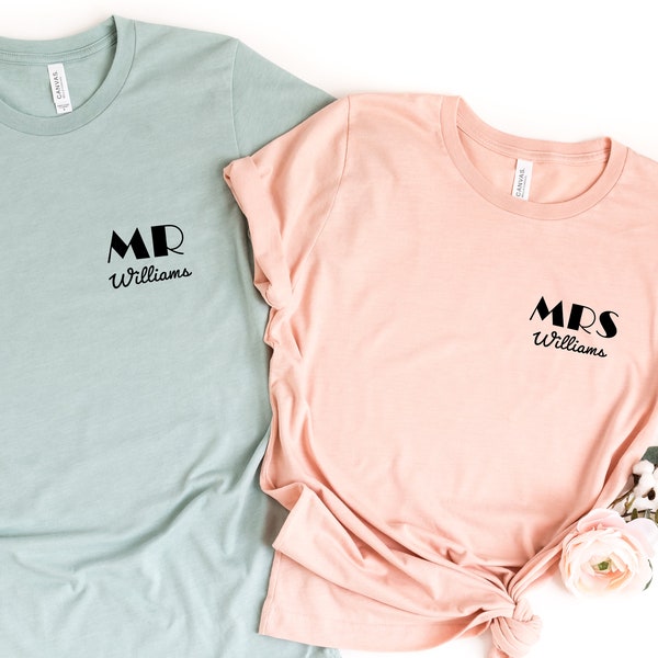 T-shirt nom de famille M. Mme, t-shirts personnalisés pour les mariés, chemises lune de miel, chemises pour couple, chemises de fête de mariage