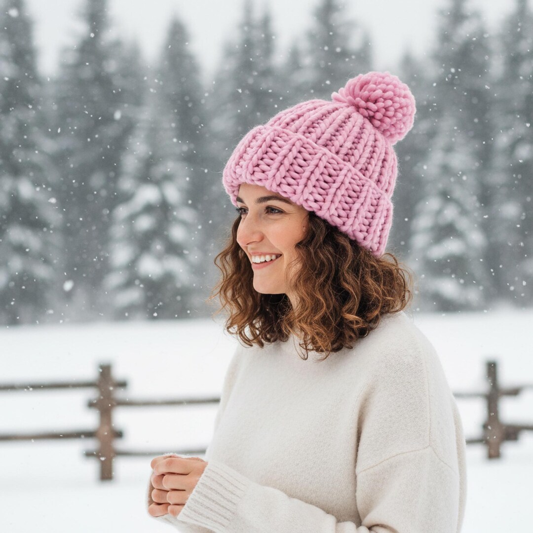 Handmade New Purple Pink Chunky Chenille Slouchy Winter‎ Knit Beanie Large Chunky Knit Beanie Hat With Giant Pom Pom - Large Winter  main image 2