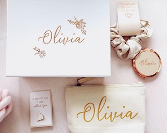 Personalized Bridesmaid Proposal Gift Box: Champagne Makeup Bag, Mirror & Scrunchie