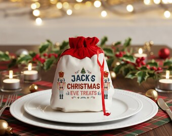 Christmas Treat Bag: Nutcracker Print Linen (Personalised Name)
