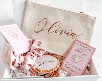 Personalised Bridesmaid Proposal Gift Box: Rose Gold Makeup Bag & Mirror Personalized