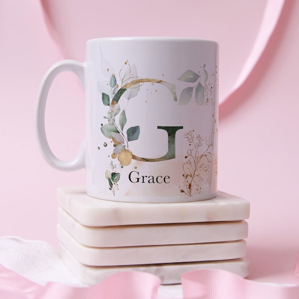 Personalised Gift Name Mug With Initial Letter, Watercolour Flowers Personalized Mug Mom