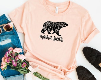 Mama Bear-T-shirt, bloemdessin, roze (damesmaten S-XL)