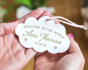 Baby Arrival Ornament: Acrylic Cloud with Liberty Ribbon (Custom Name & Date)