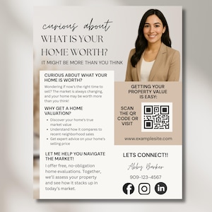Op de afbeelding: Een flyer met een foto van een vrouw in een beige blazer. De flyer adverteert voor woningwaarderingsservices. De tekst luidt "Benieuwd naar de waarde van uw huis?" en "Het verkrijgen van de waarde van uw eigendom is gemakkelijk." Een QR-code is inbegrepen om te scannen voor meer informatie. De flyer bevat ook de tekst "Laat me u helpen om de markt te navigeren!" en "Laten we contact opnemen!" met contactgegevens voor Abby Barker.