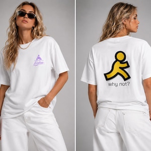 May include: A white short-sleeve t-shirt featuring a small purple America Online logo on the front left chest. The back of the shirt displays a large yellow running figure icon with the black text why not? printed underneath the graphic.