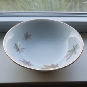 May include: A white ceramic bowl with a gold rim and a floral design featuring pink and green leaves.