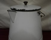 Vintage White Enamel Coffeepot with Black Accents - Large Primitive Enamelware Coffeepot (unmarked)