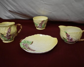 Carlton Ware - Australian Design - Made in England - Yellow with Foxglove Pink Flowers and Green Leaves - 4 Piece Set