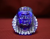 Iridescent Carnival Glass Blue Native American in Headdress toothpick holder - Pisello Art 1985 - Vintage Curio Decor - Indigenous People