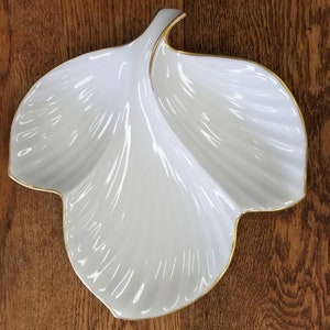 Noritake Ivory China Candy Dish/Garnish Plate - Three Section Petal Leaf Tray Modernism In Gold Trim