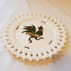 Gallos Rooster Antique White Scalloped Wall Plate - Retro Farm Collectible Green and Red Kitchen Decor