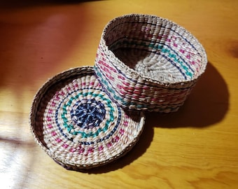 Vintage Woven Basket With Lid Swirl Design Weaved Circles Trinket