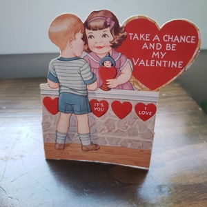 Take A Chance And Be My Valentine - Vintage papieren staande valentijnskaart uitgesneden gevouwen - jaren 1930