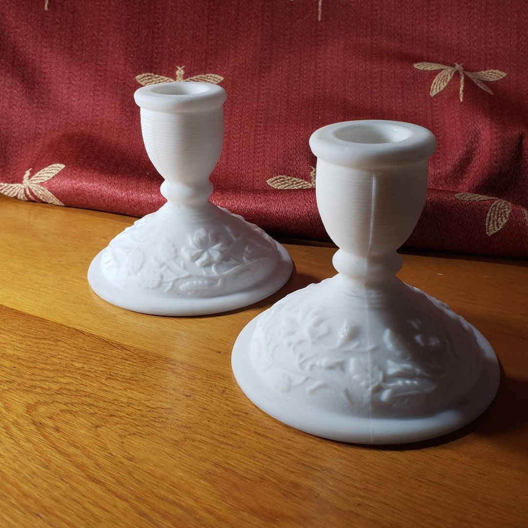 Early Imperial Milk Glass Candle Stick Holders White Tapered Candle
