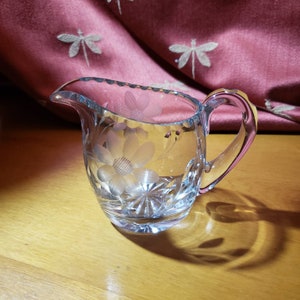 Early Century Heavy Clear Etched Glass Creamer With Handle In Floral - Chic Cottage Kitchen