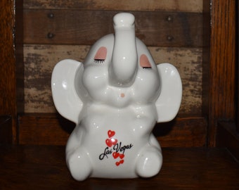 Vintage weiße Keramik "Ich Herz Las Vegas" Nevada Elefant mit rosa und roten Herzen Akzent ändern Bank - Glas Münze Bank "Schweinchen Bank"