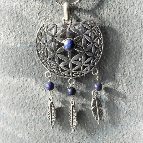 Flower of life and fine stone necklace - Dream catcher pendant - Lapis-Lazuli and silver plated - Flower of life pendant