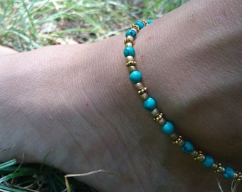 Ankle bracelet with fine stones, turquoise anklet, anklet with stones, stone ankle chain, Hippy Artisanal boho jewelry