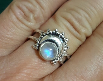 Silver plated oriental ring, Adjustable ring and natural stone, Moon and stone ring, Boho stone ring, Silver plated ring and stone
