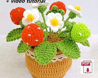 Strawberry Pot crochet pattern | Bouquet DIY crochet pattern | English | French | German | Italian