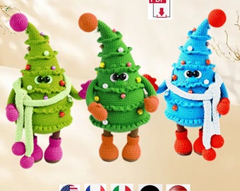 May include: Three crocheted Christmas tree ornaments, each with a different color: green, green, and blue. Each tree has a white scarf, a red pom-pom on top, and a pair of mittens. The trees are standing on a white surface. PDF Download