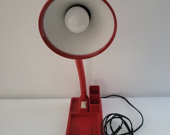 Vintage 1960s-1970s Table Light Red Plastic Modification Space Age Desk Lamp Mid Century European Italian Design