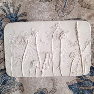 Fern botanical bas-relief Wildflowers plaster cast Rustic flower tile Botanical rectangular tile Farmhouse wall decor