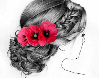 Red faux poppy bridal hair pin Red flower wedding hair pin Red bridal hairpiece Rustic wedding headpiece