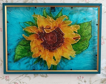 Sunflower stained glass painting 12х8'' Wall art painting Sunflowers original painting Farmhouse wall decor Floral Home Decor