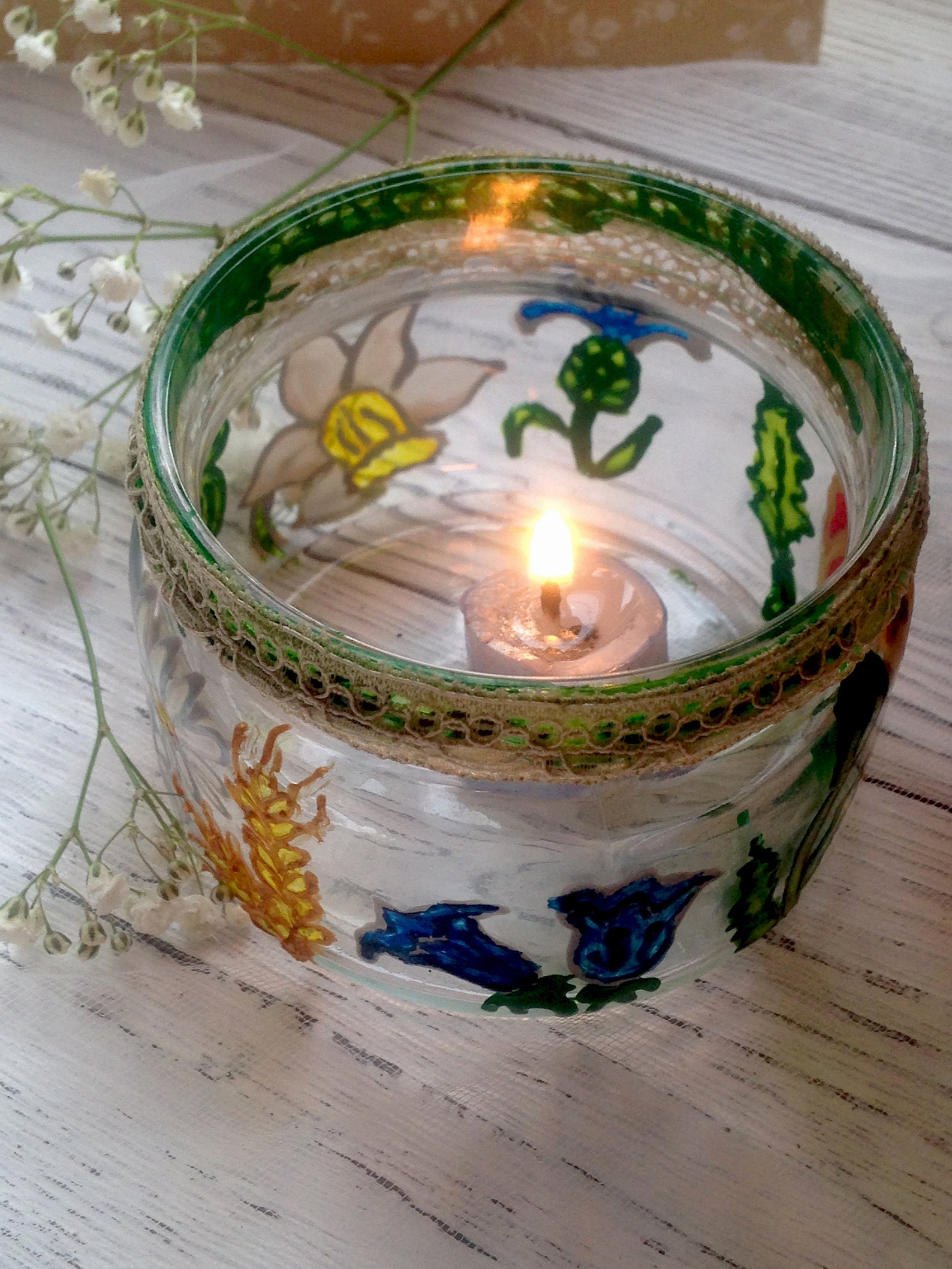 Flower stained glass candle holder Hand painted romantic Etsy