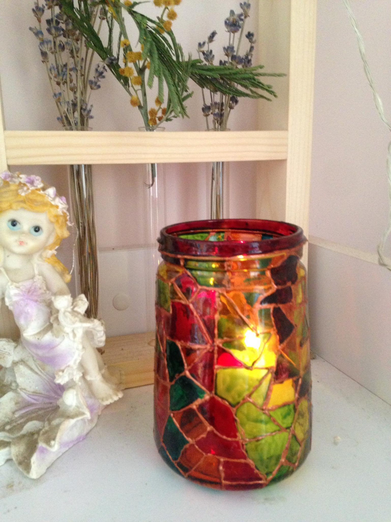 Mosaic Colorfull Stained Glass Candle Holder Hand Painted Etsy Israel