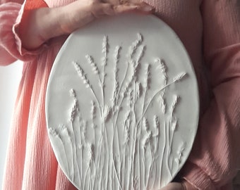 Lavender botanical bas-relief Provence oval flower tile Floral plaster cast Wall Decor French provence home decor Ceramic wall art