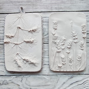 Puede incluir: Dos placas rectangulares blancas para pared con diseños florales en relieve. La placa de la izquierda presenta un diseño de hoja y flor. La placa de la derecha presenta un grupo de flores.