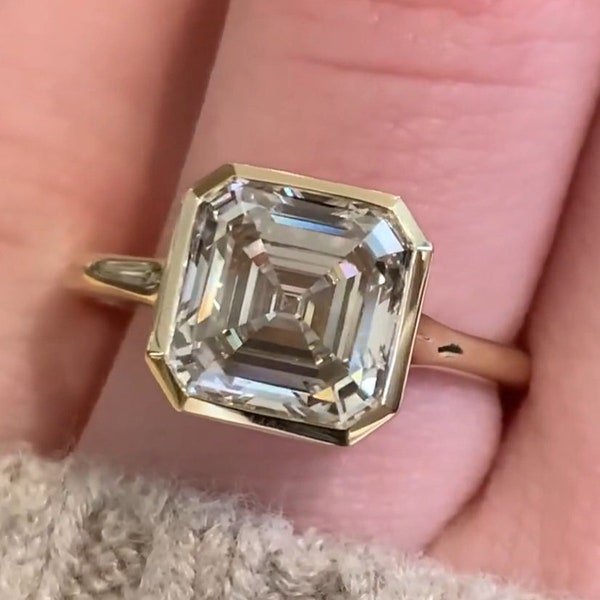 3 Carat Asscher Cut Moissanite Ring, Solitaire Bezel Set Square Moissanite Engagement Ring, Swipe To See it Stacked, Solid Gold Wedding Ring
