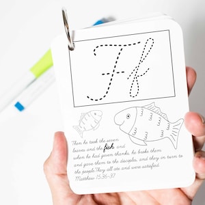 May include: A black and white illustration of the letter 'F' with dotted lines for tracing. The image includes two fish illustrations and a Bible verse: "Then he took the seven loaves and the fish, and when he had given thanks, he broke them and gave them to the disciples, and they in turn to the people. They all ate and were satisfied. Matthew 15:36-37"