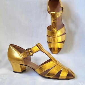 Oryginalne antyczne buty wieczorowe Art Deco z lat 20. i 30. XX wieku, ręcznie robione, skórzane, dziecięce, złote, na paskach, z klapkami