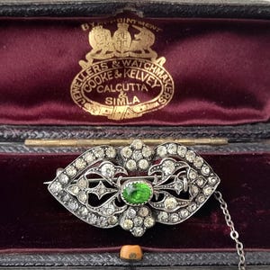 Antique Edwardian Silver Diamond & Peridot Paste Silver Brooch Pin