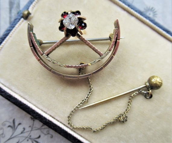 Rare Antique Crescent Moon Gold Filled Garnet & Pa